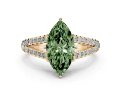 Fancy Green Marquise Cut Diamond Split Shank Pavé Engagement Ring Set in Yellow gold with Prong-Held Center Stone