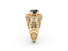 Fancy Black Round Cut Diamond Art Deco Ring Set in Yellow gold with Pavé Split Shank