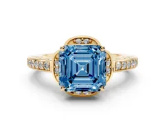 Fancy Blue Asscher Cut Diamond Halo Ring Set in Yellow gold with Channel Set Band and Prong Setting