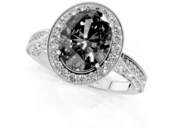Fancy Black Oval Cut Diamond Halo Engagement Ring Set in White gold with Accent Split Shank Band