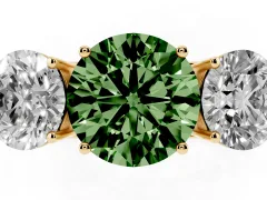 Fancy Green Round Cut Diamond Three-Stone Ring Set in Yellow gold with Textured Band