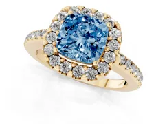 Fancy Blue Cushion Cut Diamond Pavé Halo Ring Set in Yellow gold with Prong Setting