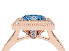 Fancy Blue Princess Cut Diamond Halo Milgrain Pavé Band Ring Set in Rose gold with Prong Setting