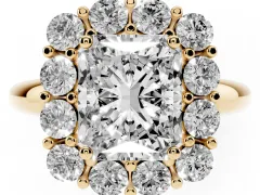 Radiant Cut Diamond Halo Cluster Engagement Ring Set in Yellow gold with Polished Band and Prong Setting