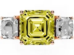 Fancy Yellow Asscher Cut Diamond Three-Stone Ring Set in Rose gold with Pavé Band