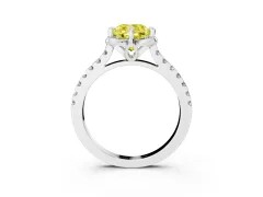 Fancy Yellow Cushion Cut Diamond Solitaire Ring Set in White gold with Pavé Band and Floral Prong Setting