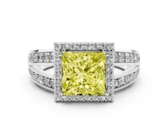 Fancy Yellow Princess Cut Diamond Halo Ring Set in Platinum with Double Pavé Split Shank