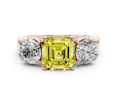 Fancy Yellow Asscher Cut Diamond Three-Stone Ring Set in Rose gold with Round Side Stones and Classic Band