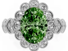 Fancy Green Oval Cut Diamond Solitaire Ring Set in Platinum with Milgrain Pavé Heart Band