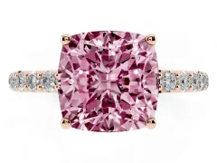 Fancy Pink Cushion Cut Diamond Solitaire Engagement Ring Set in Rose gold with Round Pavé Band and Prong Setting