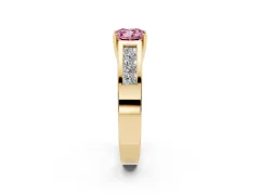 Fancy Pink Cushion Cut Diamond Solitaire Ring Set in Yellow gold with Channel-Set Accent Stones and Prong Setting
