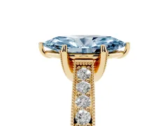 Fancy Blue Marquise Cut Diamond Solitaire Ring Set in Yellow gold with Milgrain-Edged Pavé Band and Prong Setting
