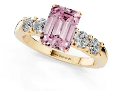 Fancy Pink Emerald Cut Diamond Five-Stone Prong Set Engagement Ring Set in Yellow gold with Channel Band