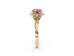 Fancy Pink Round Cut Diamond Halo Engagement Ring Set in Yellow gold with Vintage-Inspired Band and Prong Setting