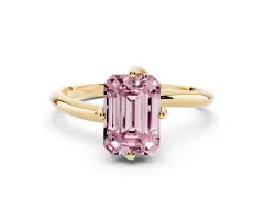 Fancy Pink Emerald Cut Diamond Solitaire Engagement Ring Set in Yellow gold with Classic Plain Band