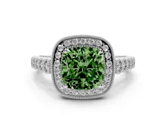 Fancy Green Cushion Cut Diamond Milgrain Halo Solitaire Ring Set in Silver with Bezel Set Side Stones and Pavé Band