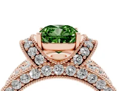Fancy Green Cushion Cut Diamond Milgrain Halo Pavé Engagement Ring Set in Rose gold with Prong Setting