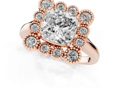 Cushion Cut Diamond Cluster Halo Ring Set in Rose gold with Milgrain Bezel Accents and Plain Band