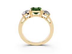 Fancy Green Asscher Cut Diamond Three-Stone Ring Set in Yellow gold with Round Side Stones and Classic Band