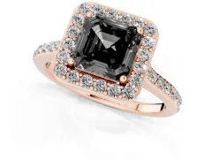 Fancy Black Asscher Cut Diamond Halo Engagement Ring Set in Rose gold with Round Pavé Shoulders and Heart Gallery