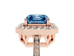 Fancy Blue Asscher Cut Diamond Halo Ring Set in Rose gold with Accent-Lined Split Shank and Prong Setting
