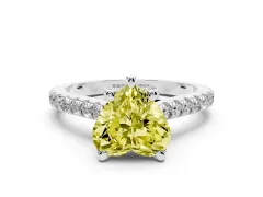 Fancy Yellow Heart Cut Diamond Solitaire Ring Set in Silver with Brilliant Pavé Band and Prong Setting