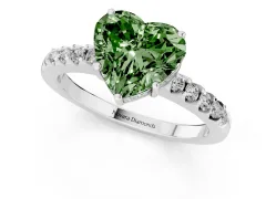 Fancy Green Heart Cut Diamond Solitaire Engagement Ring Set in White gold with Pavé Band and Prong Setting