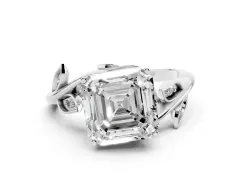 Asscher Cut Diamond Solitaire Twist Engagement Ring Set in White gold with Pavé Leaf Accents