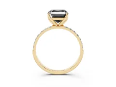 Fancy Black Asscher Cut Diamond Solitaire Engagement Ring Set in Yellow gold with Round Pavé Band and Prong Setting