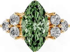 Fancy Green Marquise Cut Diamond Solitaire Ring Set in Yellow gold with Cluster Accents on Each Side