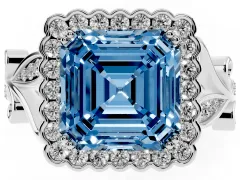 Fancy Blue Asscher Cut Diamond Halo Ring Set in White gold with Leaf Motif Split Shank and Prong Setting