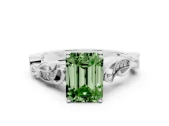 Fancy Green Emerald Cut Diamond Vine Band Solitaire Ring Set in Silver with Milgrain Prong Setting