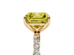 Fancy Yellow Asscher Cut Diamond Solitaire Engagement Ring Set in Yellow gold with Round Pavé Band and Prong Setting
