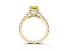 Fancy Yellow Radiant Cut Diamond Solitaire Ring Set in Yellow gold with Brilliant Pavé Band and Prong Setting