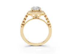 Cushion Cut Diamond Milgrain Halo Solitaire Ring Set in Yellow gold with Bezel Set Side Stones and Pavé Band