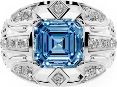Fancy Blue Asscher Cut Diamond Art Deco Ring Set in White gold with Pavé Split Shank