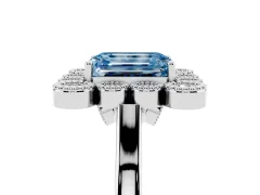 Fancy Blue Emerald Cut Diamond Cluster Halo Ring Set in Silver with Milgrain Bezel Accents and Plain Band