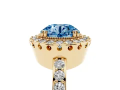 Fancy Blue Round Cut Diamond Halo Ring Set in Yellow gold with Pavé Shank and Prong Setting