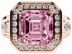 Fancy Pink Asscher Cut Diamond Halo Ring Set in Rose gold with Pavé and Bezel Accent Split Shank