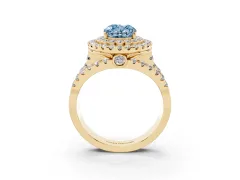 Fancy Blue Oval Cut Diamond Double Halo Ring Set in Yellow gold with Round Pavé Split Shank