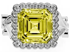 Fancy Yellow Asscher Cut Diamond Halo Ring Set in Silver with Leaf Motif Split Shank and Prong Setting