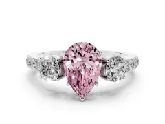 Fancy Pink Pear Cut Diamond Three-Stone Ring Set in Silver with Round Side Stones and Delicate Pavé Band