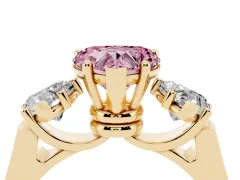Fancy Pink Heart Cut Diamond Three-Stone Trellis Ring Set in Yellow gold with Comfort Fit Band