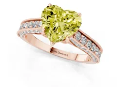 Fancy Yellow Heart Cut Diamond Solitaire Ring Set in Rose gold with Milgrain-Edged Pavé Band and Prong Setting