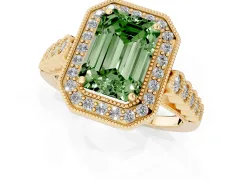 Fancy Green Emerald Cut Diamond Milgrain Halo Solitaire Ring Set in Yellow gold with Bezel Set Side Stones and Pavé Band