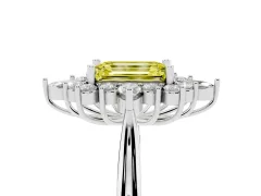 Fancy Yellow Emerald Cut Diamond Cluster Halo Ring Set in White gold with Marquise and Round Accents