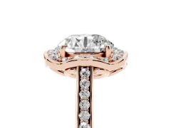 Round Cut Diamond Halo Ring Set in Rose gold with Pavé-Lined Shoulders and Prong Setting