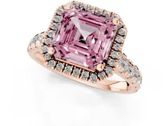 Fancy Pink Asscher Cut Diamond Halo Engagement Ring Set in Rose gold with Pavé Band and Prong-Set Center
