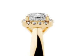 Cushion Cut Diamond Halo Solitaire Engagement Ring Set in Yellow gold with Square Band and Prong Setting