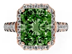 Fancy Green Radiant Cut Diamond Halo Engagement Ring Set in Rose gold with Pavé Band and Prong-Set Center
